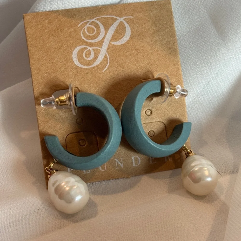 Plunder Teal Hoop Earrings with Pearl Drops